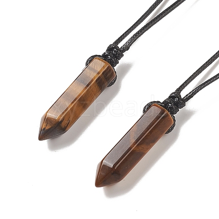 Natural Tiger Eye Bullet Pendant Necklace with Waxed Cords for Women NJEW-M196-02A-1