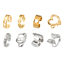 8Pcs 8 Style Triangle & Heart & Butterfly & Wave 201 & 304 Stainless Steel Open Cuff Rings Set for Men Women RJEW-FS0001-03