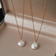 Summer Natural Freshwater Pearl Oval Safety Button Pendant Necklaces ZU8498