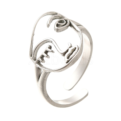 Hollow Human Face 304 Stainless Steel Open Cuff Rings for Women RJEW-M046-03P-1