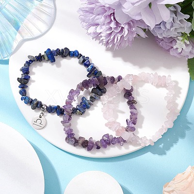 3Pcs 3 Styles Natural Rose Quartz & Amethyst & Lapis Lazuli Chips Stretch Bracelets Sets BJEW-JB11076-09-1