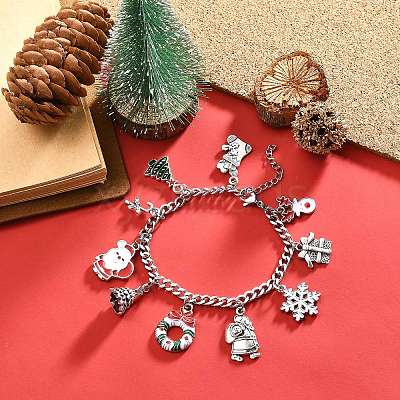 Christmas Tree & Deer & Wreath & Santa Claus Alloy Enamel Charm Bracelet BJEW-TA00252-1