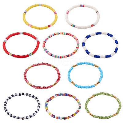 10Pcs 10 Style Handmade Polymer Clay Heishi Surfer Stretch Bracelets Set BJEW-SW00048-1