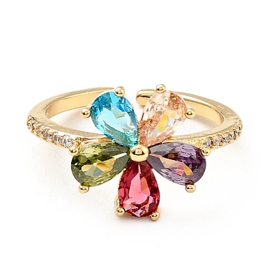 Colorful Cubic Zirconia Flower Open Ring KK-D080-12G-1