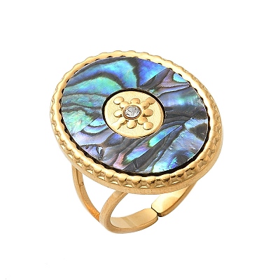 Oval 304 Stainless Steel & Paua Shell & Rhinestone Cuff Rings for Women X-RJEW-G346-06G-02-1