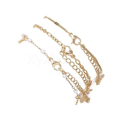 Round ABS Imitation Pearl Beaded Chains & 304 Stainless Steel Cable Chains Stackable Bracelets for Women BJEW-JB12452-01-1