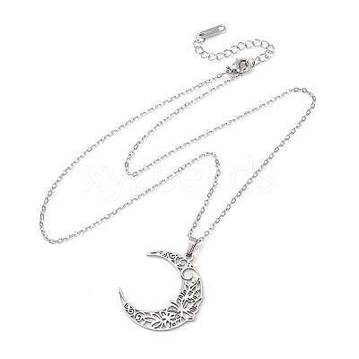 304 Stainless Steel Hollow Flower Moon Pendant Cable Chain Necklaces for Men Women NJEW-K308-01A-P-1