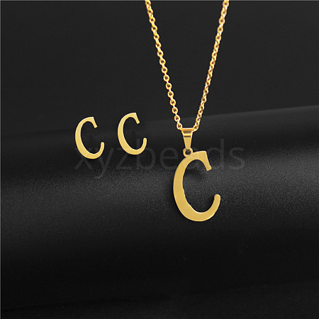 304 Stainless Steel Letter Pendant Necklaces & Stud Earrings Sets WG4BFDA-03-1