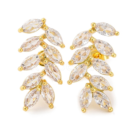 Leaf Brass Micro Pave Clear Cubic Zirconia Dangle Stud Earrings EJEW-F348-01G-1