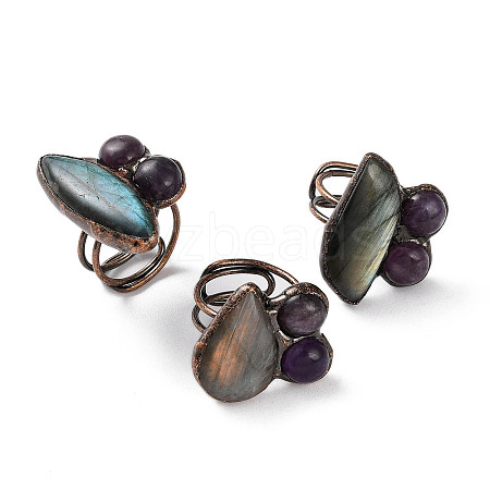 Horse Eye & Round Natural Amethyst & Labradorite Adjustable Rings RJEW-A041-05R-1