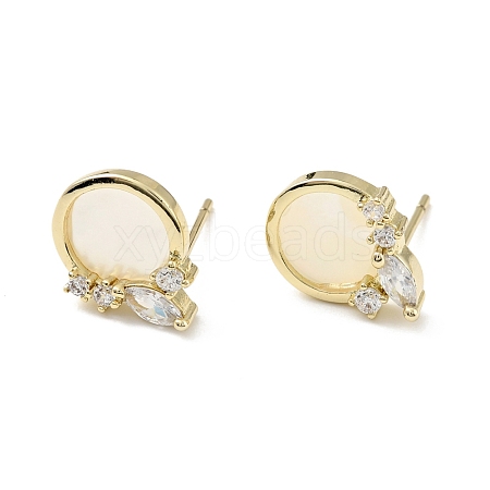 Natural White Shell Flat Round Stud Earrings with Clear Cubic Zirconia EJEW-C028-07G-1