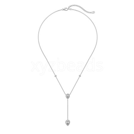 Rhodium Plated 925 Sterling Silver Pave Clear Cubic Zirconia Cable Chain Teardrop Tassel Pendant Necklaces for Women NJEW-Q342-08P-1