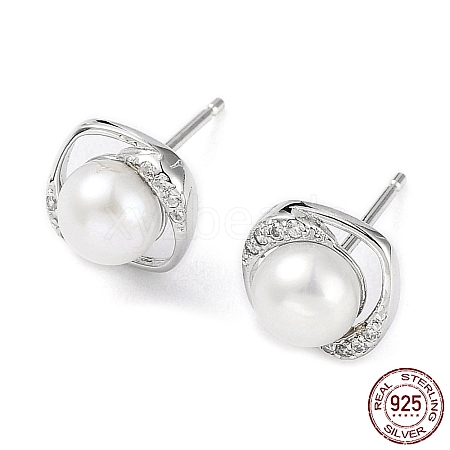 Anti-Tarnish Cubic Zirconia Sauqre with Natural Pearl Stud Earrings EJEW-F318-12P-1