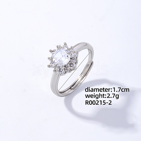 Flower Platinum Brass Adjustable Ring with Cubic Zirconia EG7863-30-1