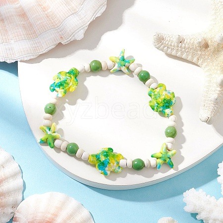 Starfish & Turtle Synthetic Turquoise Dyed Beads Stretch Bracelets for Women BJEW-JB11920-02-1