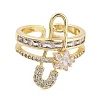 Rack Plating Brass Micro Pave Cubic Zirconia Paper Clip Open Cuff Rings for Women RJEW-C080-02G-2