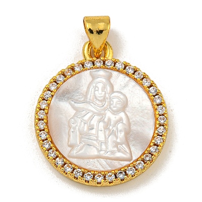 Rack Plating Brass Micro Pave Clear Cubic Zirconia Flat Round Pendants KK-U025-10G-06-1