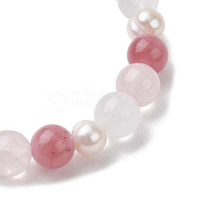 Natural Rose Quartz & Strawberry Quartz & Pearl Round Beaded Stretch Bracelets for Women BJEW-JB11041-05-1