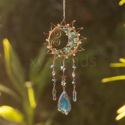 Wire Wrapped Natural Green Aventurine & Metal Sun with Moon Pendant Decorations PW-WG96896-01-1