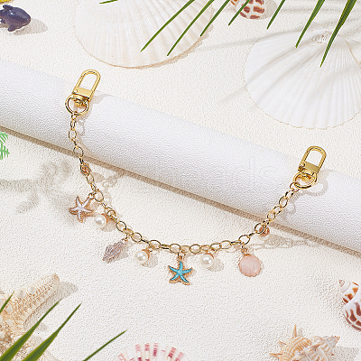 Alloy Enamel Starfish Shell Shape & Imitation Round Pearl Charm Brass Decorative Chains HJEW-ME00047-1