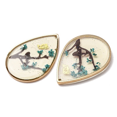 Brass & Transparent Epoxy Resin & Dried Flower Pendants RESI-G133-03G-01-1