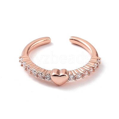 Heart Rack Plating Brass Micro Pave Clear Cubic Zirconia Open Rings RJEW-D020-12RG-1