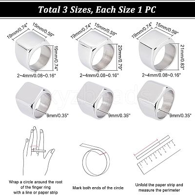 3Pcs 3 Size 304 Stainless Steel Rectangle Signet Finger Rings RJEW-UN0001-26P-1