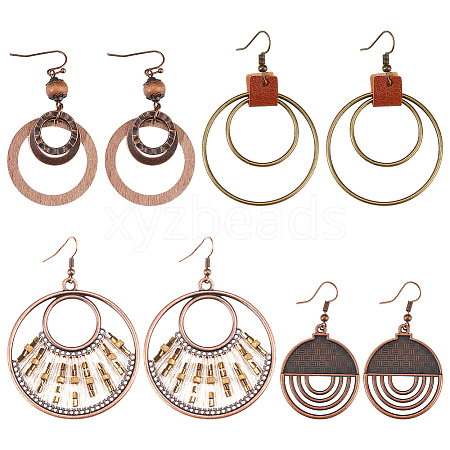 ANATTASOUL 4 Pairs 4 Styles Alloy & Iron & Wood Dangle Earrings with Iron Pins EJEW-AN0004-58-1
