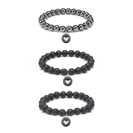 3Pcs 3 Style Natural Black Agate(Dyed) & Lava Rock & Synthetic Hematite Round Beaded Stretch Bracelets Set BJEW-JB08897-1