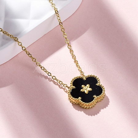 304 Stainless Steel Black Enamel 5-Petal Flower Pendant Necklaces for Women NJEW-U032-17G-03-1