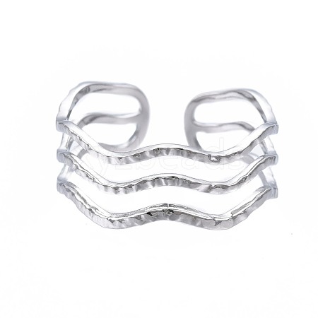 Non-Tarnish 304 Stainless Steel Triple Line Wave Open Cuff Ring RJEW-T023-02P-1