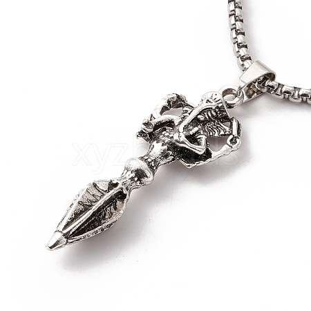Alloy Skeleton Spear Head Pendant Necklace with 304 Stainless Steel Box Chains NJEW-C007-04AS-1