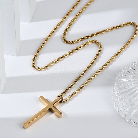 Religion Cross 304 Stainless Steel Pendant Rope Chain Necklaces NJEW-L157-09G-1