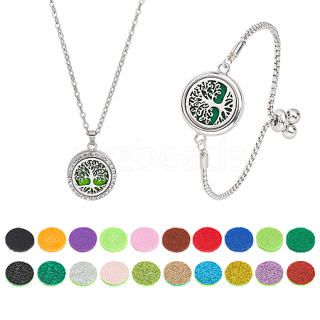 1Pc Stainless Steel Hollow Flat Round with Tree of Life Diffuser Locket Pendant Necklaces & 1Pc Slider Bracelets Sets SJEW-PH0001-27-1