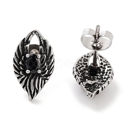 Wings 316 Surgical Stainless Steel Pave Black Cubic Zirconia Stud Earrings for Women Men EJEW-Z050-10AS-1