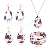 Cow Print Imitation Leather Teardrop Pendant Necklace & Dangle Earrings & Multi-Strand Bracelet JX529J-1