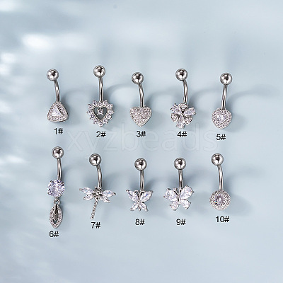 316L Surgical Stainless Steel Clear Cubic Zirconia Curved Barbell Belly Rings WG7644D-07-1
