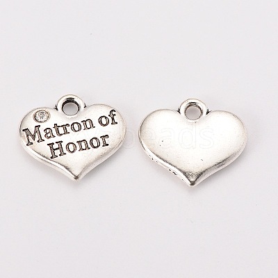 Wedding Theme Antique Silver Tone Tibetan Style Heart with Matron of Honor Rhinestone Charms TIBEP-N005-03A-1