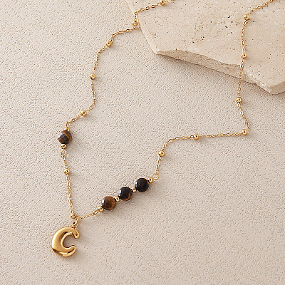 European Faceted Natural Tiger Eye 304 Stainless Steel Alphabet Pendant Necklaces QN9691-3-1