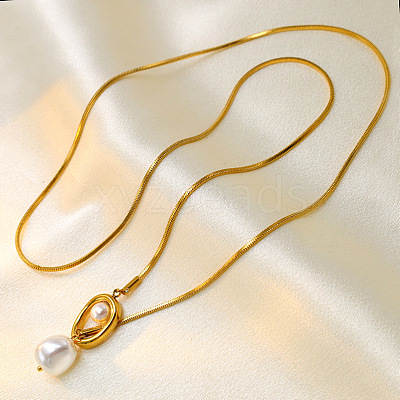 Adjustable 304 Stainless Steel & Imitation Pearl Oval Lariat Necklaces for Women FS-WG9D652-01-1