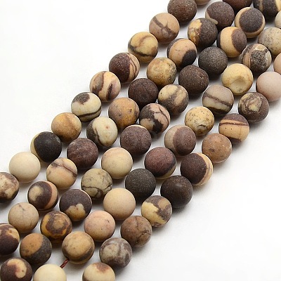 Frosted Natural Zebra Jasper Round Bead Strands G-M064-8mm-03-1