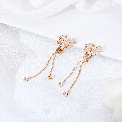 1 Pair Butterfly Brass Clear Cubic Zirconia Tassel Clip-on Earrings EJEW-LP0007-070-1