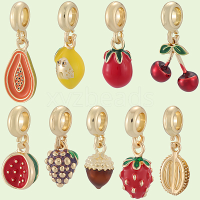 9Pcs 9 Styles Brass Enamel Fruit European Dangle Charms OPDL-BBC0001-04G-1