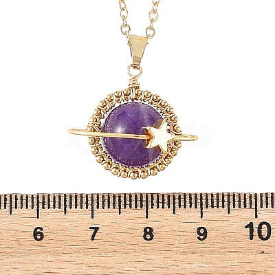 Natural Amethyst Copper Wire Wrapped Planet Pendant Brass Cable Chain Necklaces for Women NJEW-TA00260-02-1