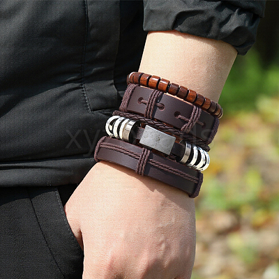 1Pc Cowhide & Imitation Leather Cord Knitted Multi-strand Bracelets AJEW-GF0011-50F-1