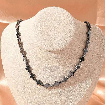 Round Cross Synthetic Non-Magnetic Hematite Beaded Necklaces NJEW-R020-03-1