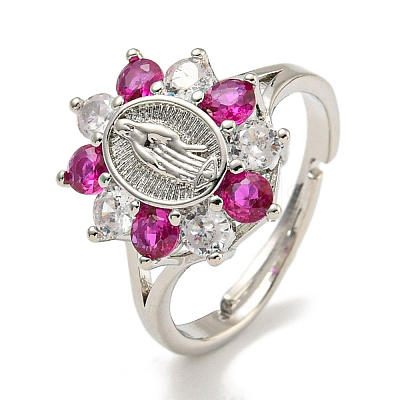 Oval with Hand Rack Plating Brass Micro Pave Cubic Zirconia Adjustable Rings RJEW-I105-04P-07-1