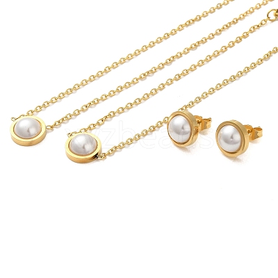 Flat Round Plastic Imitation Pearl Pendant Necklaces & Bracelets & Stud Earrings Sets SJEW-C004-02G-1