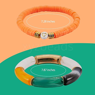 10Pcs 10 Style Handmade Polymer Clay Heishi Beaded Stretch Bracelets Set with Heart BJEW-SW00036-01-1