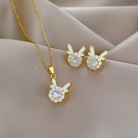 Brass Micro Pave Cubic Zirconia with Enamel Pendant Necklace & Stud Earrings WG7AC39-76-1